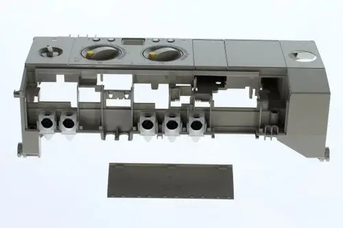 Gehäuse eines Bosch-Produkts, teilweise montiert, mit Steuerknöpfen und transparenten Elementen. Das innere Design zeigt Platz für verschiedene Komponenten.